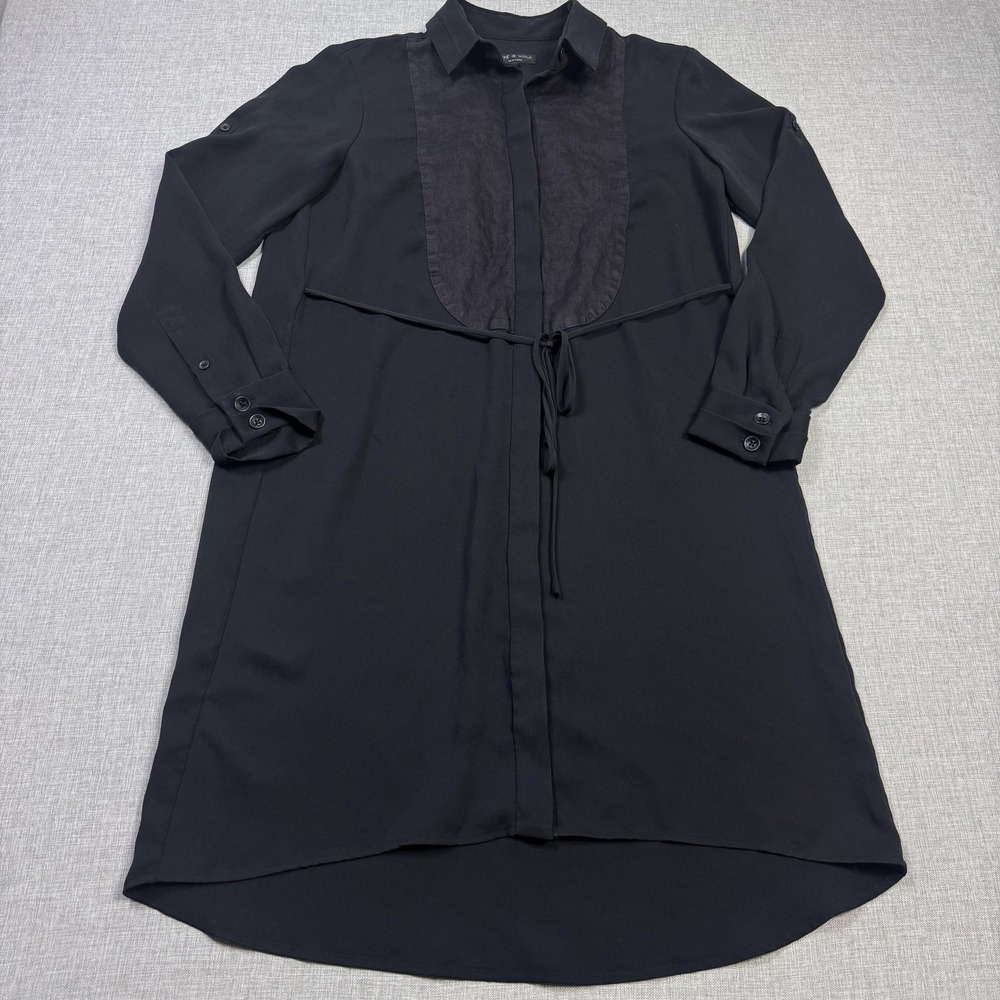 Rag & Bone Linen Shirt Dress Womens 4 Black Collared Belted Roll Tab Sleeve
